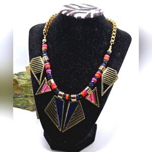 "5/$25" Vtg 80s Retro Multicolored Adjustable Statement Bib Gold Tone Necklace